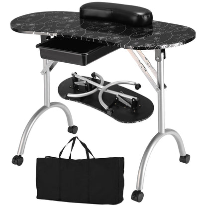 Portable Nail Table Station Manicure Tech Desk Nails Art Table 4 Rolling Wheels-Black