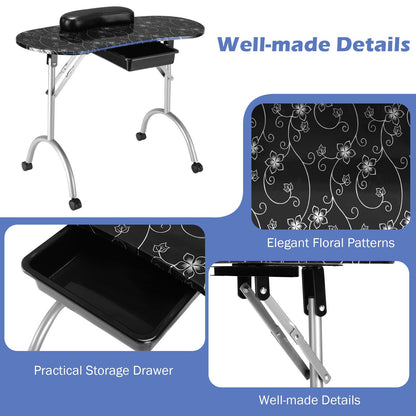 Portable Nail Table Station Manicure Tech Desk Nails Art Table 4 Rolling Wheels-Black
