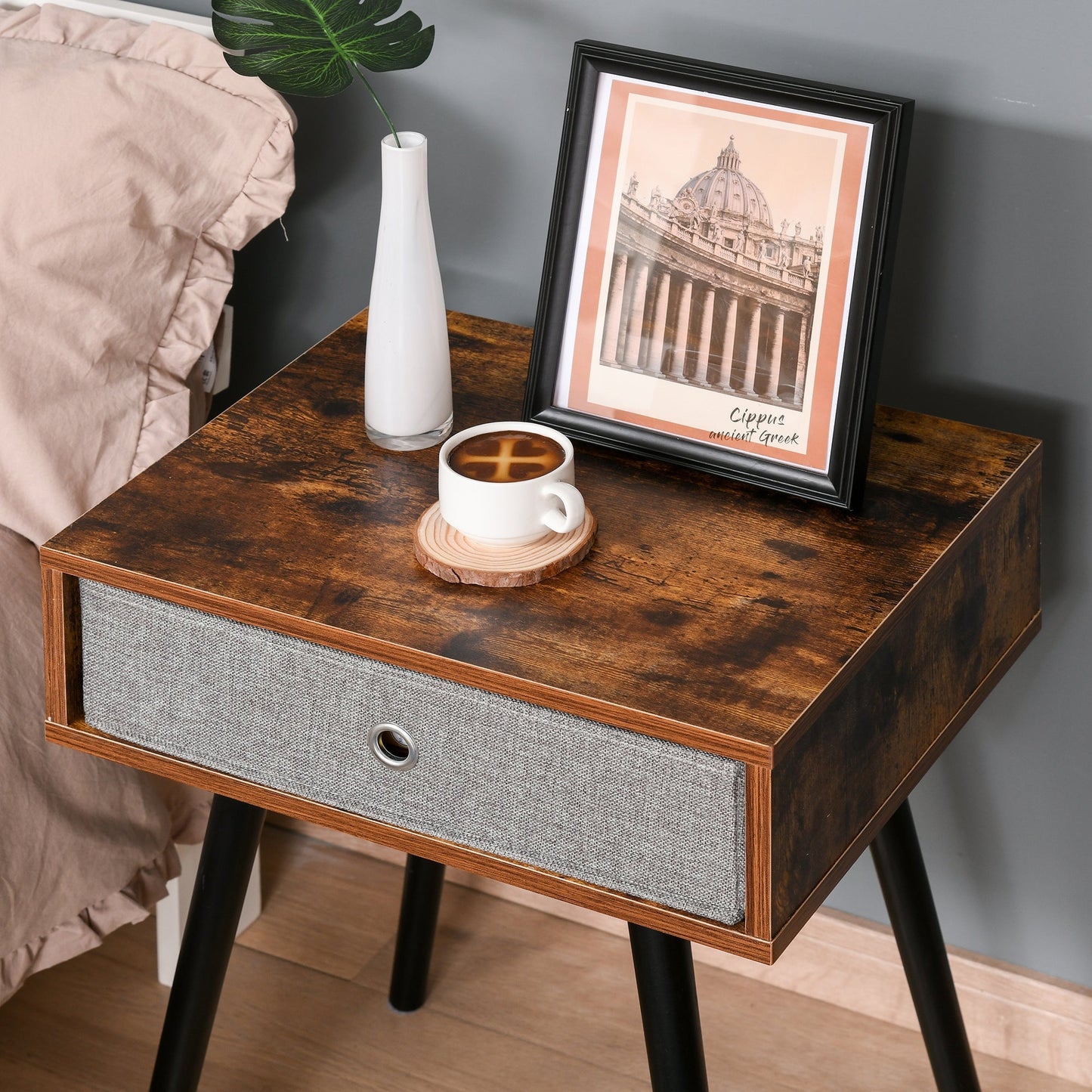 Retro Style Side Table, Nightstand, End Table with Removable Fabric Drawer, Accent Furniture with Wooden Legs, Rustic Brown and Black