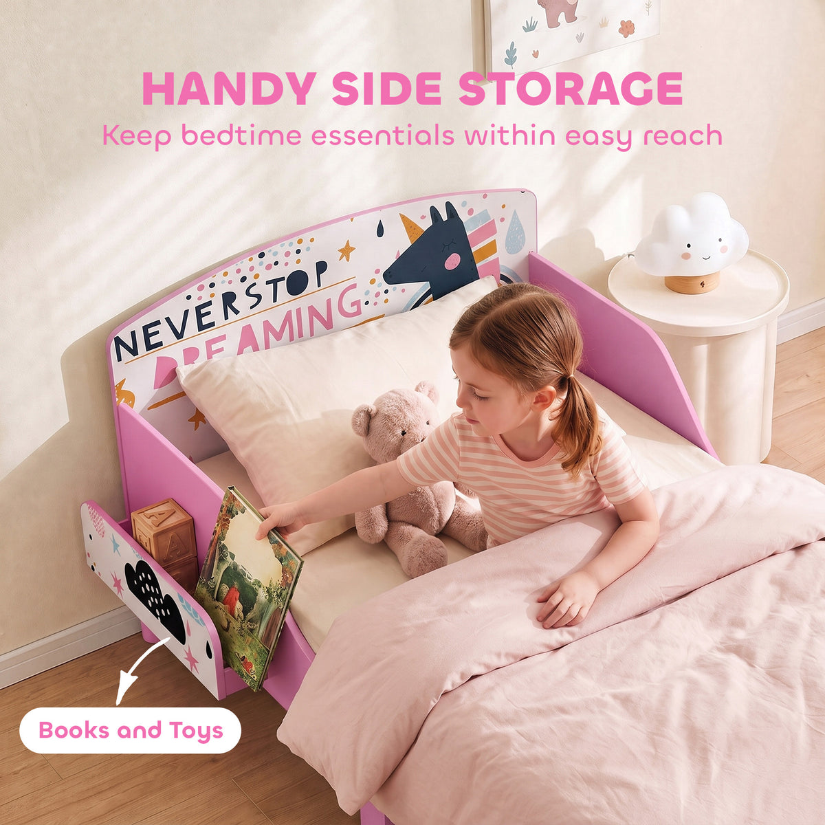 AIYAPLAY Toddler Bed with Bedside Storage and Guard Rails for 3-8, Fits 140 x 70 x 10cm Mattress, Pink Girl Print