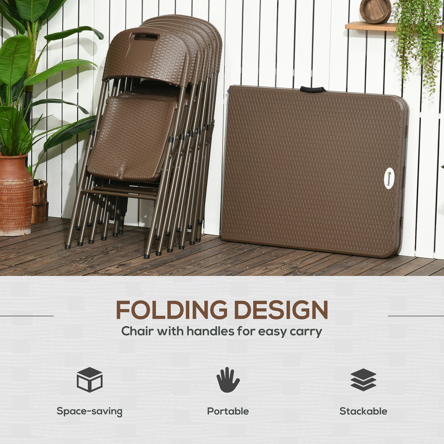 Zestaw jadalny Outsunny 6 Seater Rattan, zestaw mebli ogrodowych z HDPE, stół jadalny i krzesła z 6 fotelami, prostokątny plastikowy blat stołu na patio, balkon, ciemny brąz