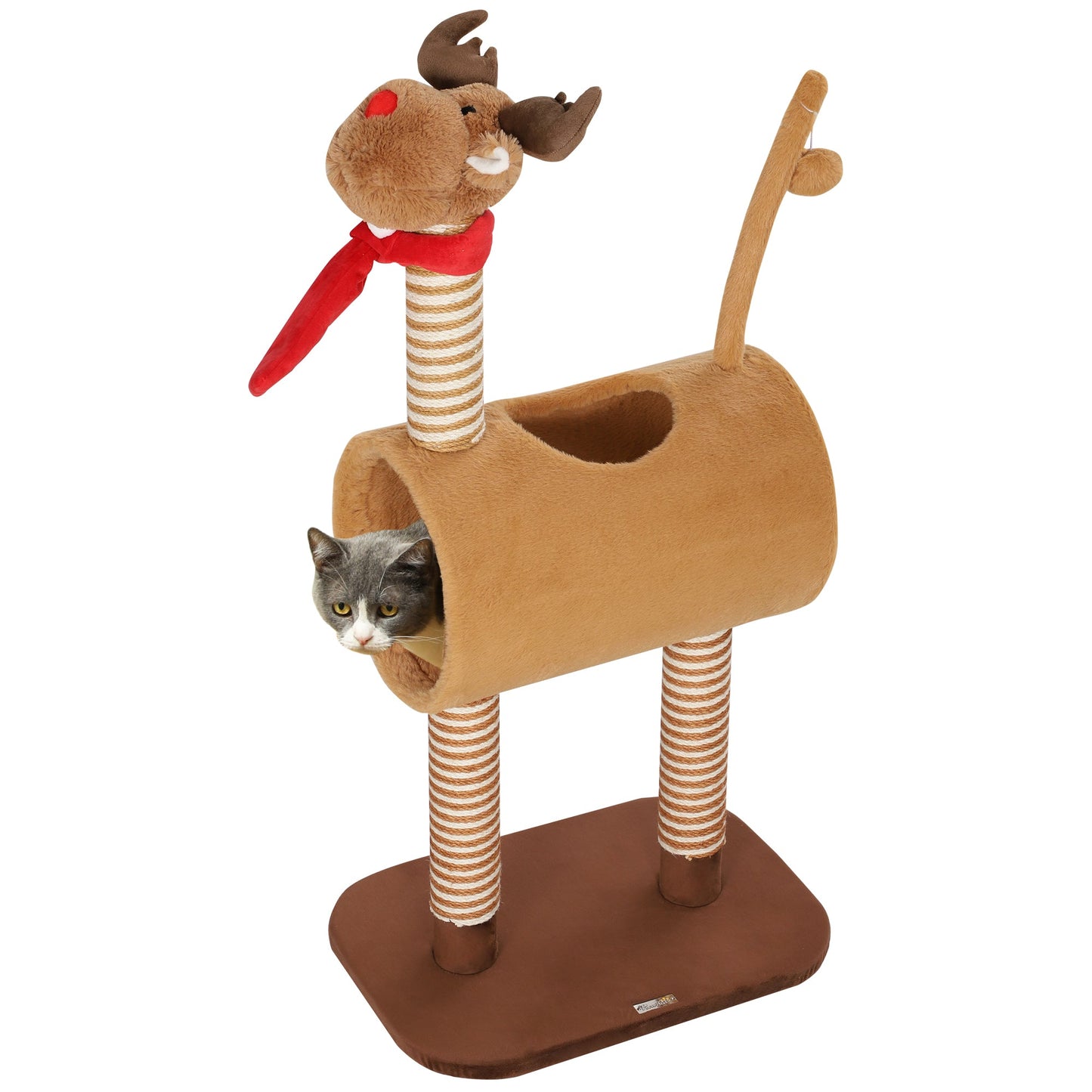 PawHut 98cm Deer Themed Cat Tree with Scratching Posts, Toy Ball, Tunnel, Brown