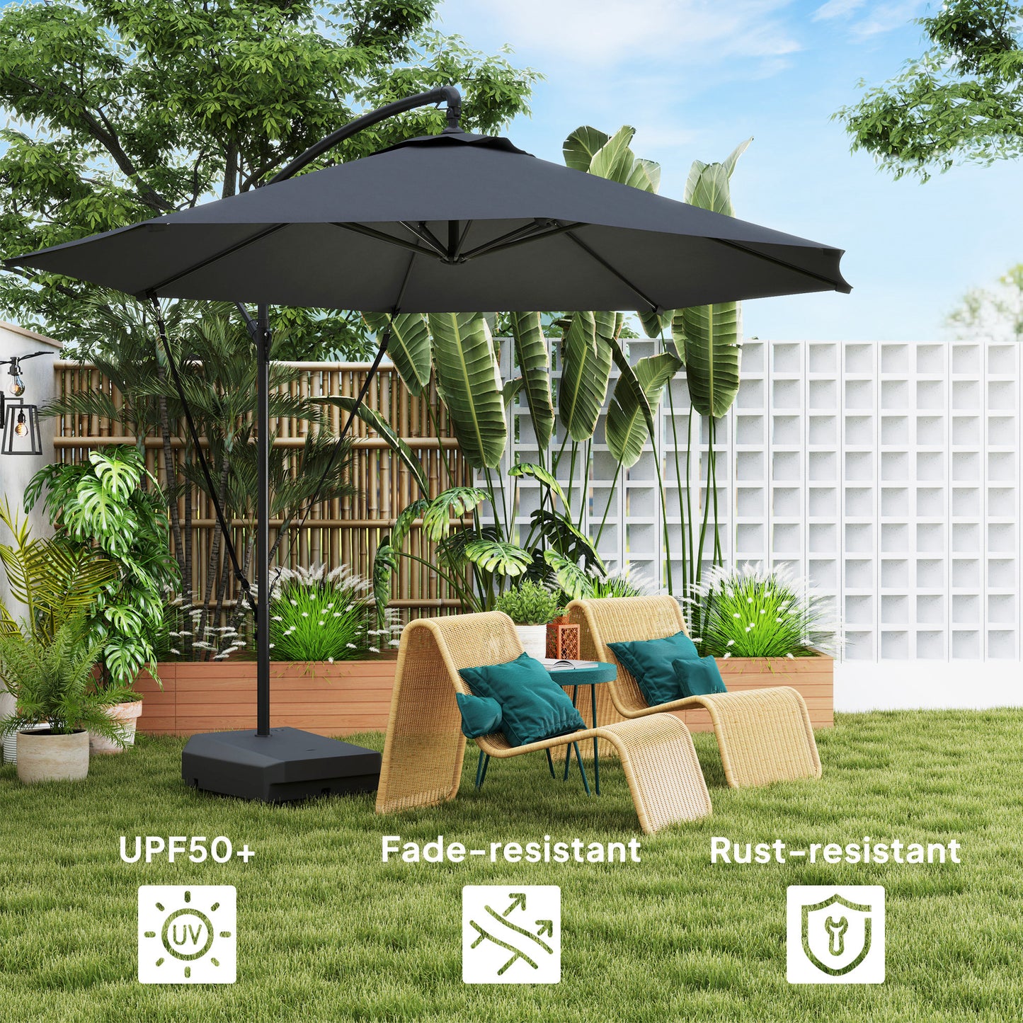 Outsunny 3(m) Parasol ogrodowy z wysięgnikiem i podstawą do napełniania do 90 kg, pasek chroniący przed wiatrem, pokrowiec, okrągły wiszący parasol typu banan z korbką i funkcją pochylania, UPF50+ Parasol tarasowy, szary