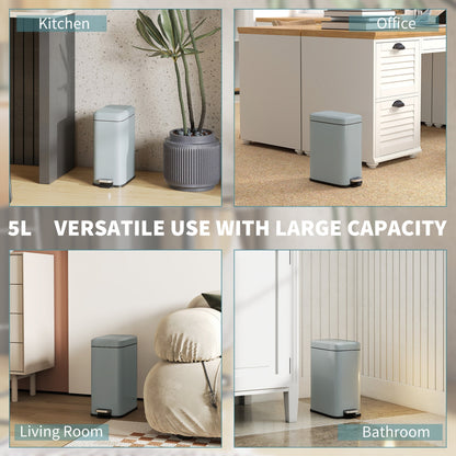 HOMCOM 5L Rectangular Compact Bin Steel Body Removable Bucket Quiet-Close Lid w/ Pedal Lid Rubbish Trash Can Home Office Bedroom Bathroom Living Room Garbage Tidy Clean Grey