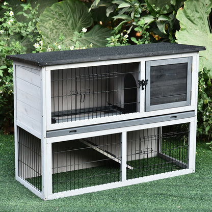 PawHut Small Animal Two-Level Fir Wood Guinea Pigs Hutches Bunny Cage w/ Slide Out Tray Grey