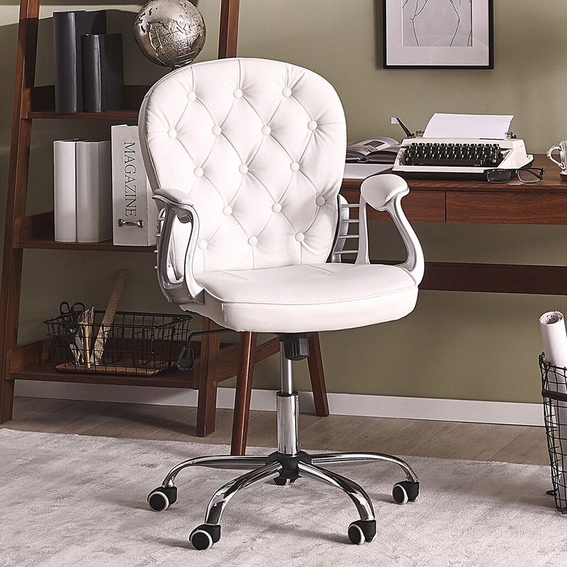 White Faux Leather Office Chair Chesterfield Chair with 360° Rotary Wheels