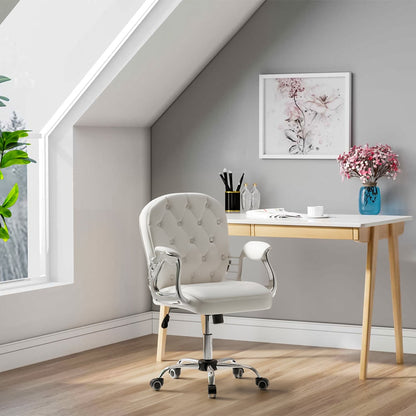 White Faux Leather Office Chair Chesterfield Chair with 360° Rotary Wheels