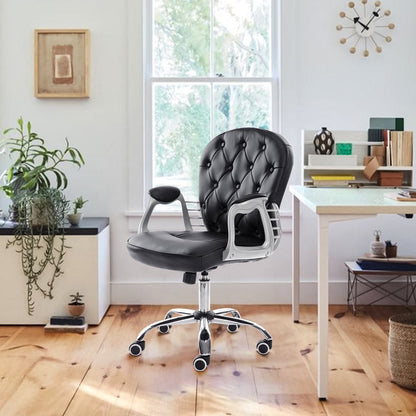 White Faux Leather Office Chair Chesterfield Chair with 360° Rotary Wheels