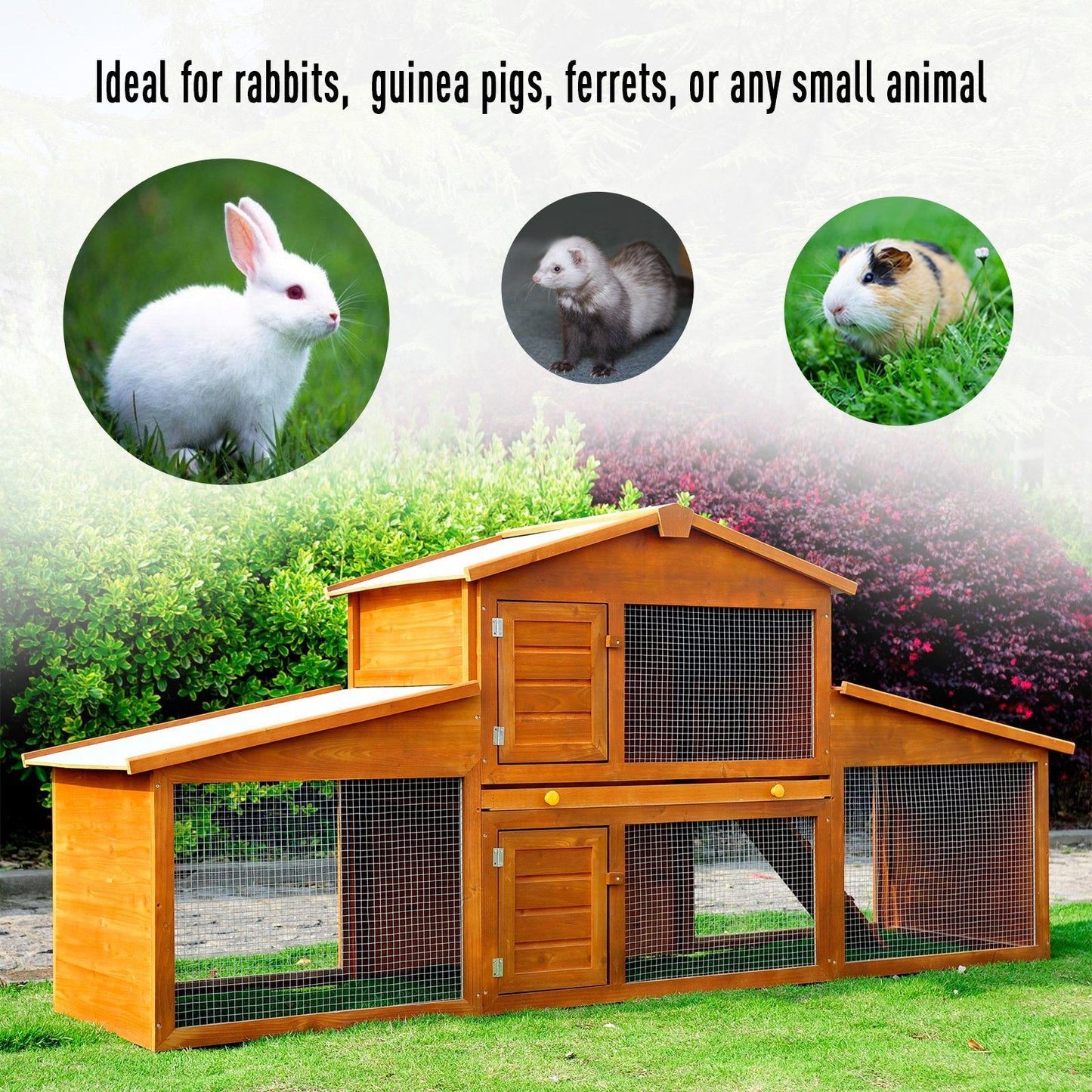 PawHut Small Animal Deluxe XXL Fir Wood 2-Tier Guinea Pigs Hutches Natural Wood Tone