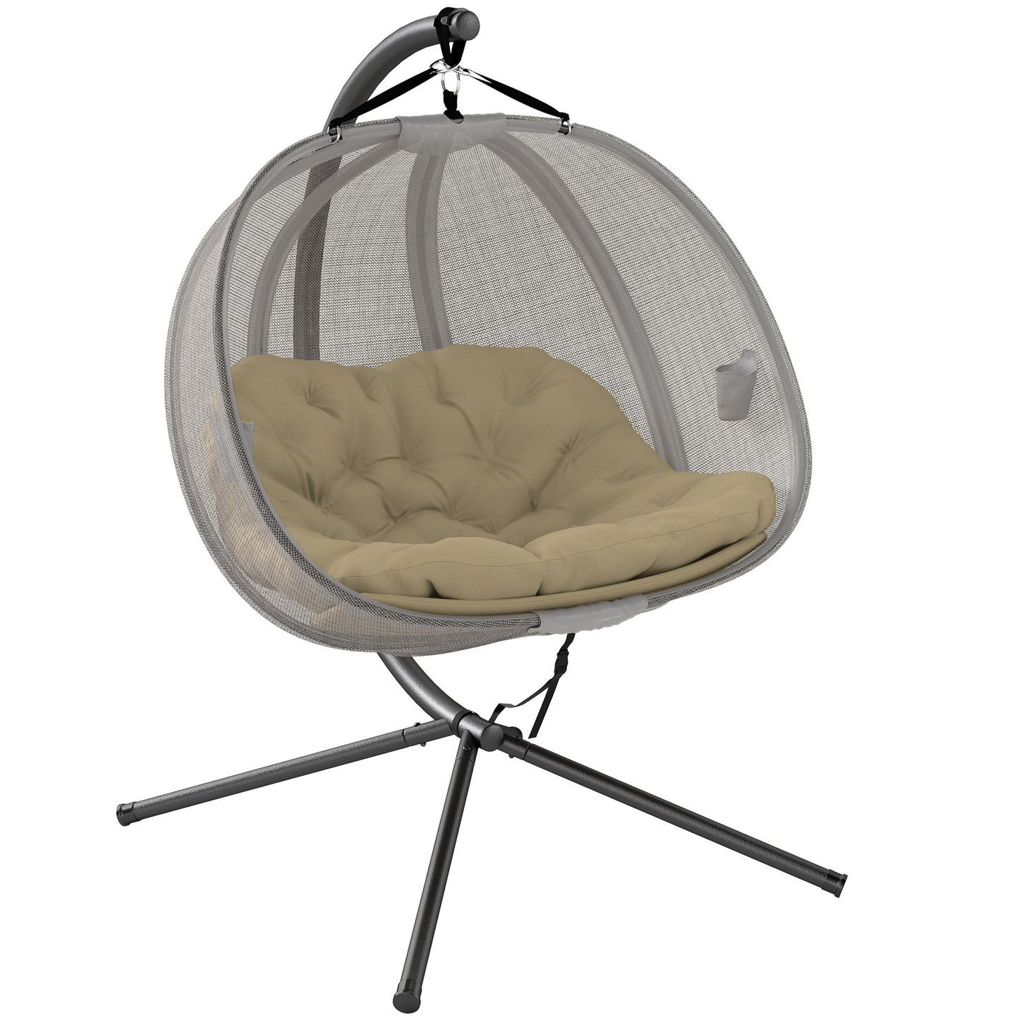 Outsunny Double Hanging Egg Chair 2 Seaters Texteline Swing Hammock Chair with Stand, Cushion and Folding Design, for Indoor and Outdoor, Brown