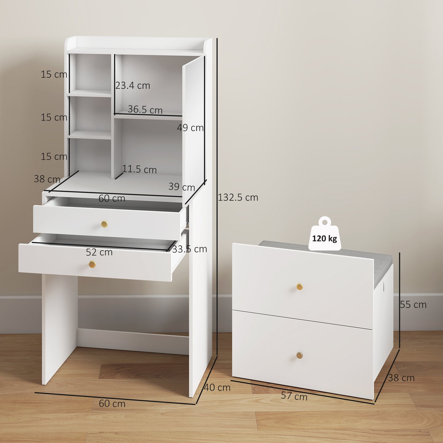 HOMCOM Dressing Table with Mirror and Mobile Storage Stool, Compact Vanity Table with Cabinet, Drawers, Open Shelves, White