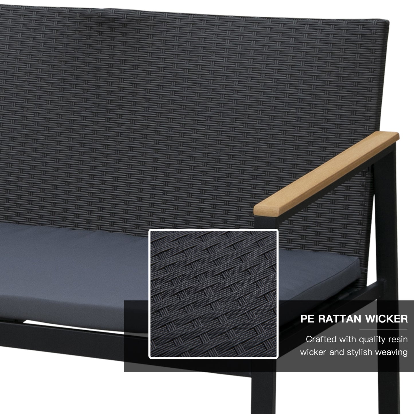 Zestaw mebli ogrodowych Outsunny 4PC z rattanu 2 pojedyncze sofy, fotele, 1 ławka z poduszkami i stolik kawowy Patio Backyard Wicker Weave