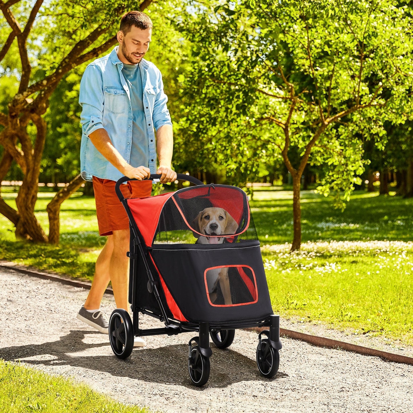 PawHut Foldable Pet Stroller, with Universal Wheels, Shock Absorber, for Medium and Large Dogs - Red