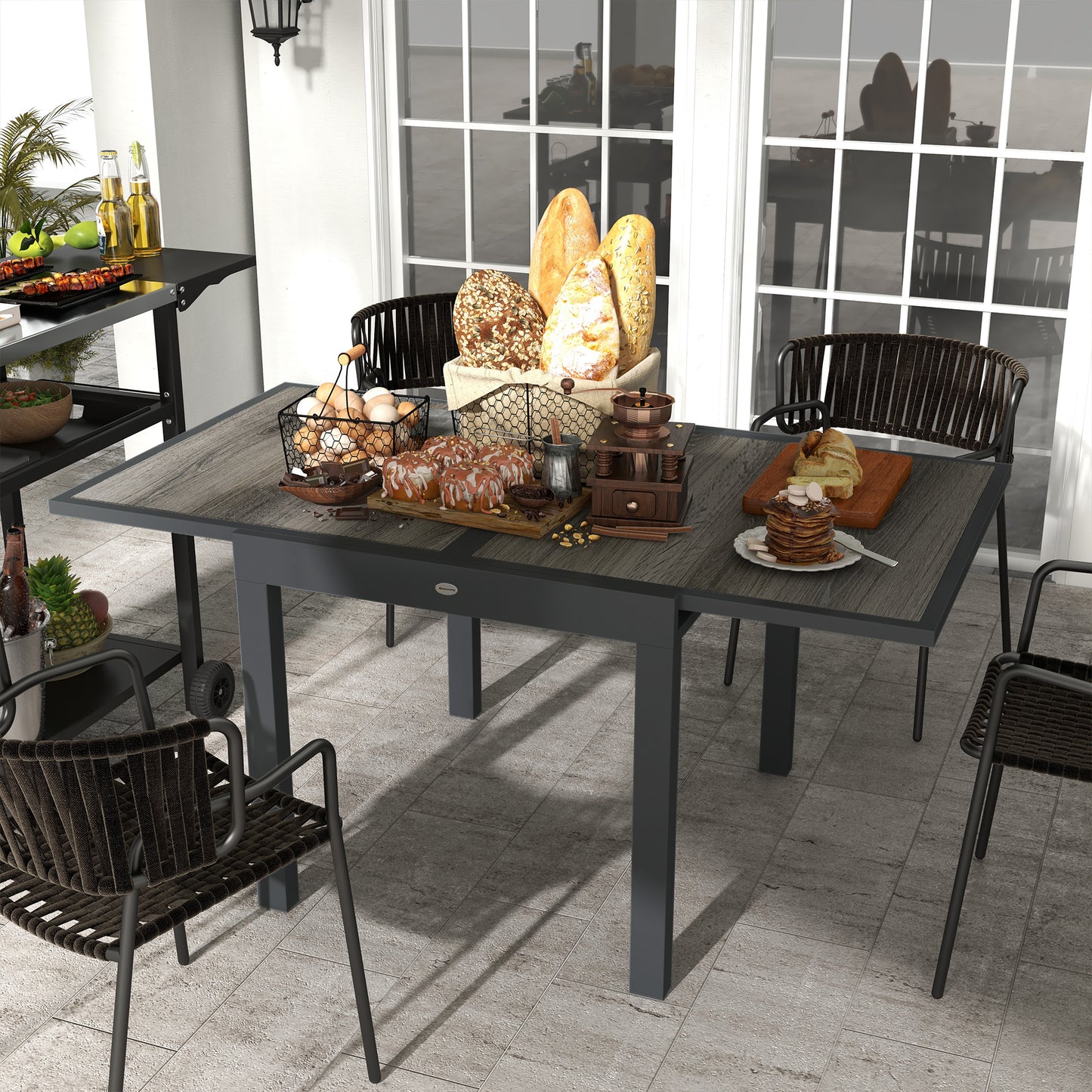 Outsunny Rozkładany Stół Ogrodowy, Stół Jadalny Na Zewnątrz Dla 6 Osób, Aluminiowa Rama Prostokątny Stół Patio Z Plastikowym Blatem, 80/160L x 80W x 75H cm, Szary