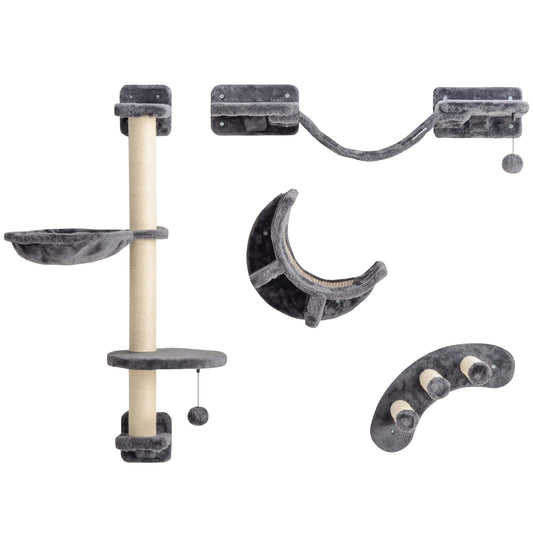 PawHut Four-Piece Cat Wall Furniture, with Hammock, Ladder, Platforms, Steps, for Indoor Use - Dark Grey