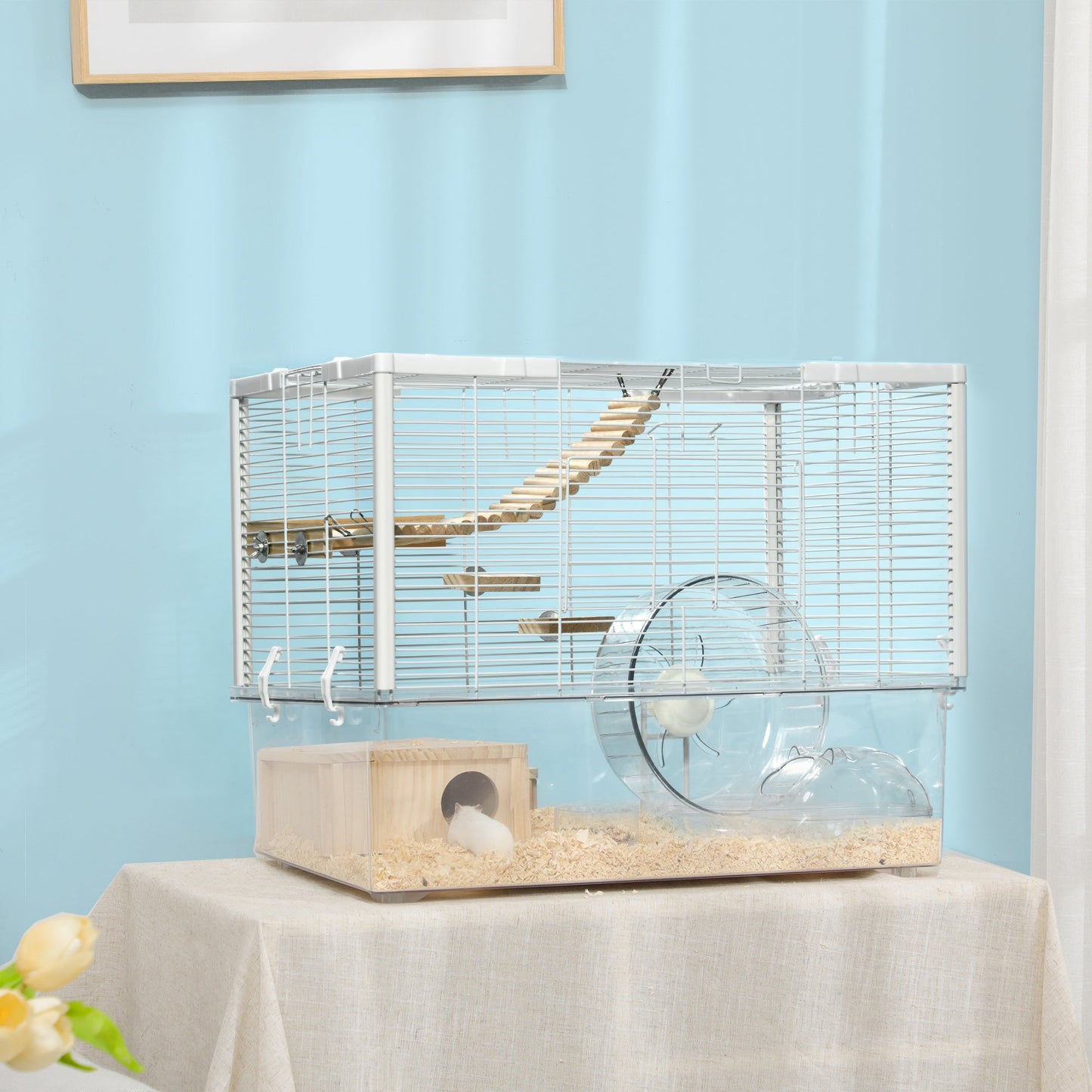 PawHut Hamster Cage, Gerbil Cage with Wooden Ramp, Exercise Wheel, Food Bowl - White