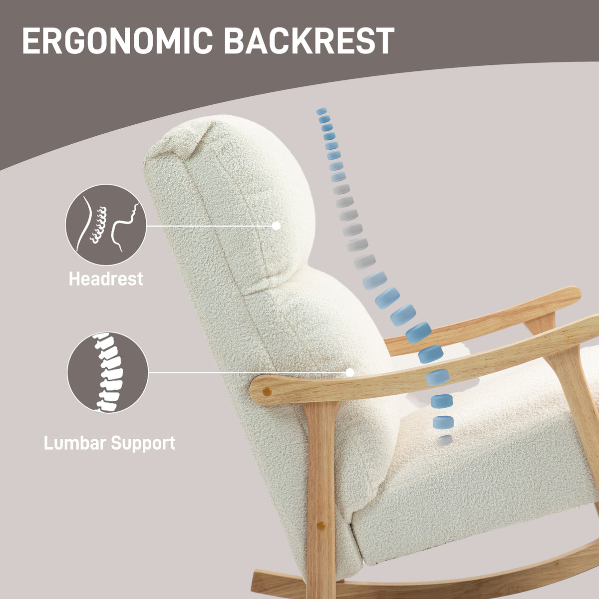 HOMCOM Upholstered Rocking Chair, Teddy Fleece Fabric, High Back, Armrests, Rubberwood Legs, Cream White