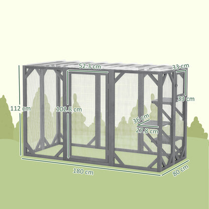 PawHut 71" Drewniany domek dla kota na zewnątrz z trzema platformami, dużymi drzwiami, wodoodpornym dachem, dla wielu kotów, szary