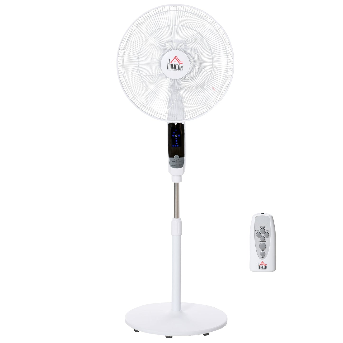 HOMCOM 16'' Pedestal Stand Fan, 3 Speed 3 Mode, 85 Oscillation, LED Panel, 3M Remote Controller, Height Adjustable for Living Room, Bedroom, Garage, Office, Black and White