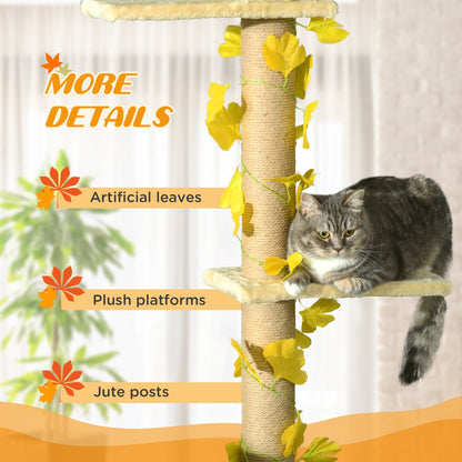 PawHut 242cm Adjustable Floor-To-Ceiling Cat Tree, with Artificial Decoration, Perches, Anti-Slip Kit - Yellow