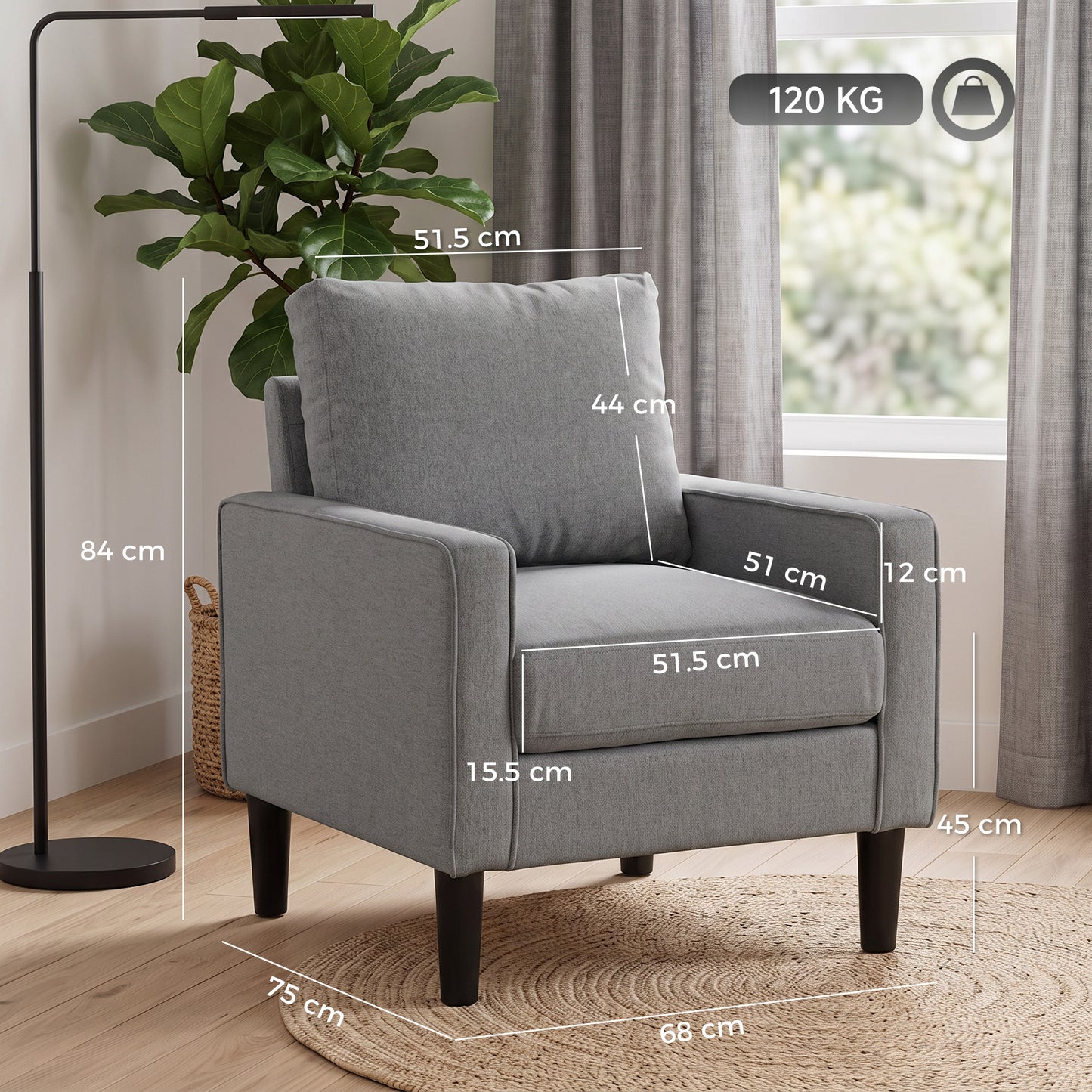 HOMCOM Accent Chair, Removable Pillow Linen Armchair with Comfy Spring Cushion for Living Room, Bedroom, Study, Dark Grey