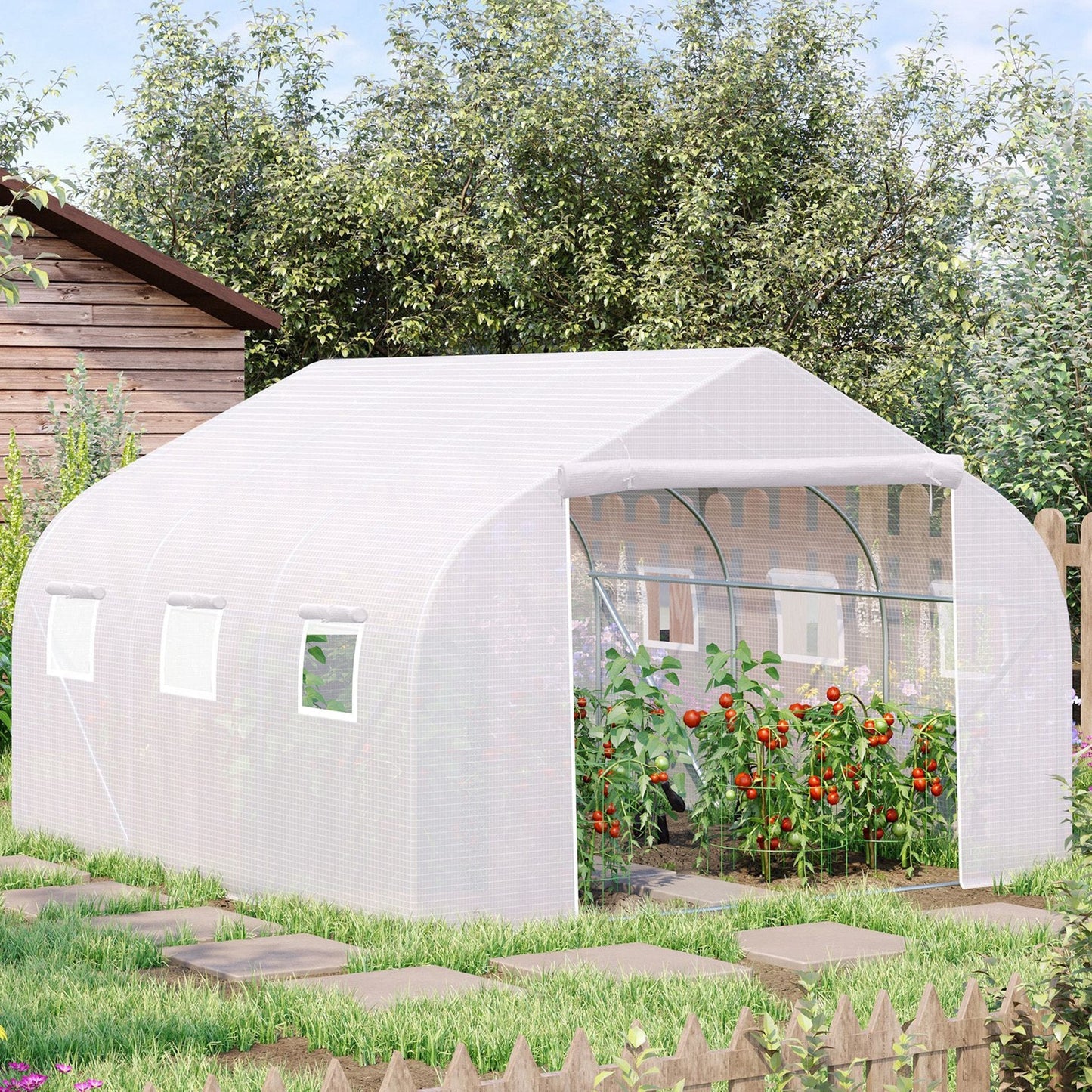 Outsunny 3.5 x 3 x 2m Walk-In Polytunnel Greenhouse Garden Hot House مع إطار فولاذي، باب ونوافذ قابلة للطي، أبيض