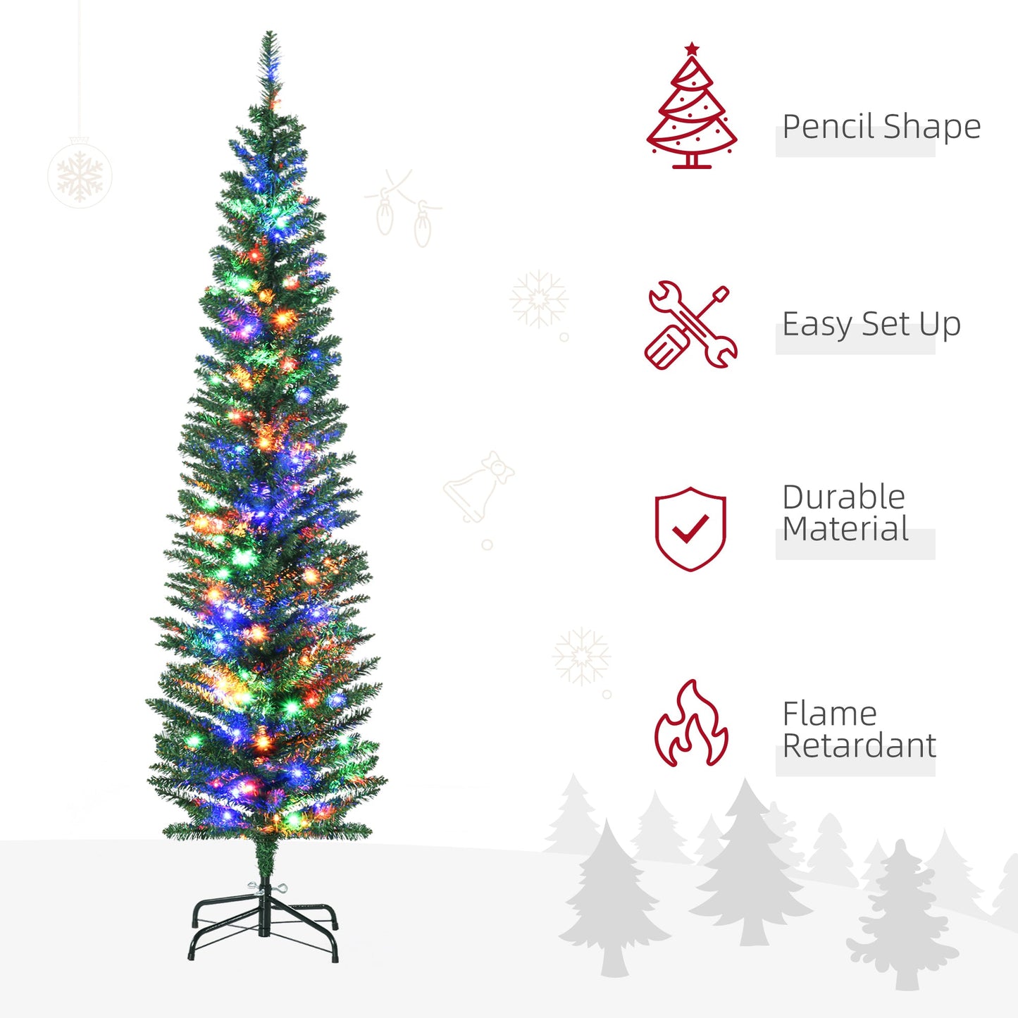 HOMCOM 6' Artificial Prelit Christmas Trees Holiday DŽcor with Colourful LED Lights, Pencil Shape, Steel Base