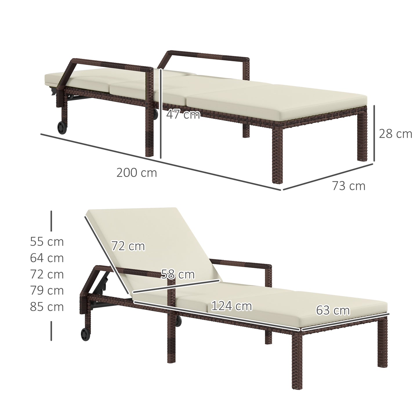 Outsunny Outdoor PE Rattan Sun Lounger Set of 2, Wicker Chaise Recliner Garden Chair z 5-poziomowym regulowanym oparciem i 2 kółkami, kremowo-biały