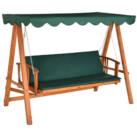 Outsunny 3 Seater 2-in-1 Wooden Garden Swing Seat Swing Chair Outdoor Convertible Hammock Bench Furniture Lounger Bed Wood, Dark Green