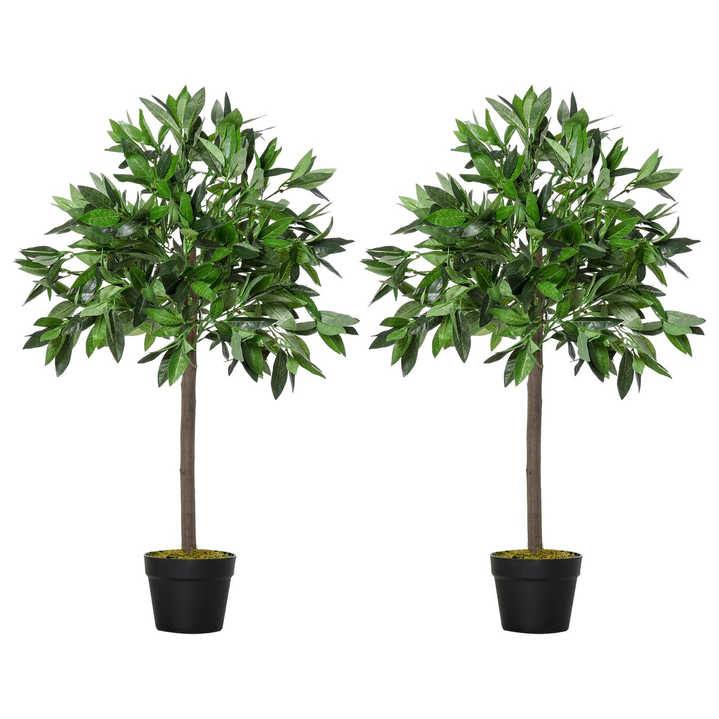 Outsunny Artificial Bay Laurel Topiary Trees w/ Pot Fake, Set Of 2 90cm/3FT Indoor Greenery Plant Home Office Garden Decor Green