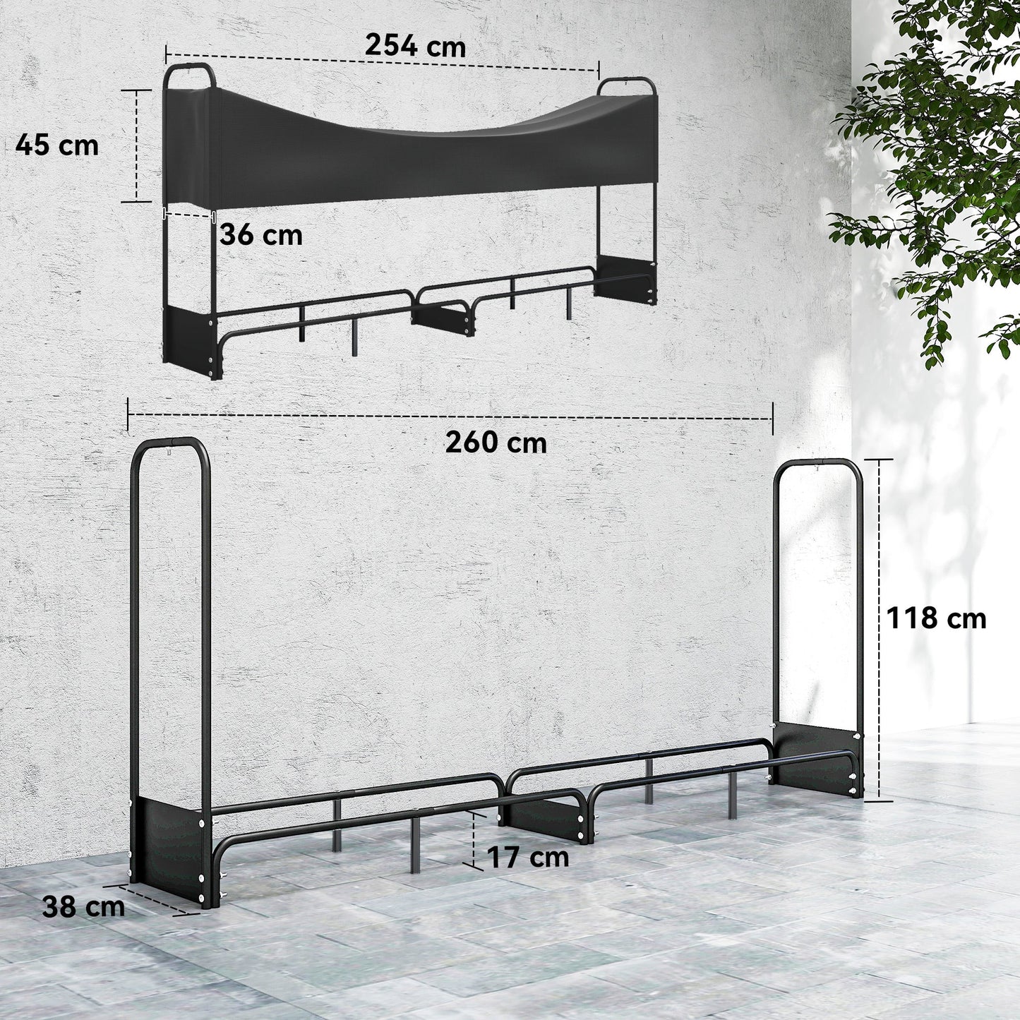 Outsunny 8.5ft Firewood Rack, Heavy Duty Log Storage Holder with Waterproof 600D Oxford Log Cover for Fireplace Fire Pits Outdoor Patio Wood Storage, 300 kg Large Capacity, Black