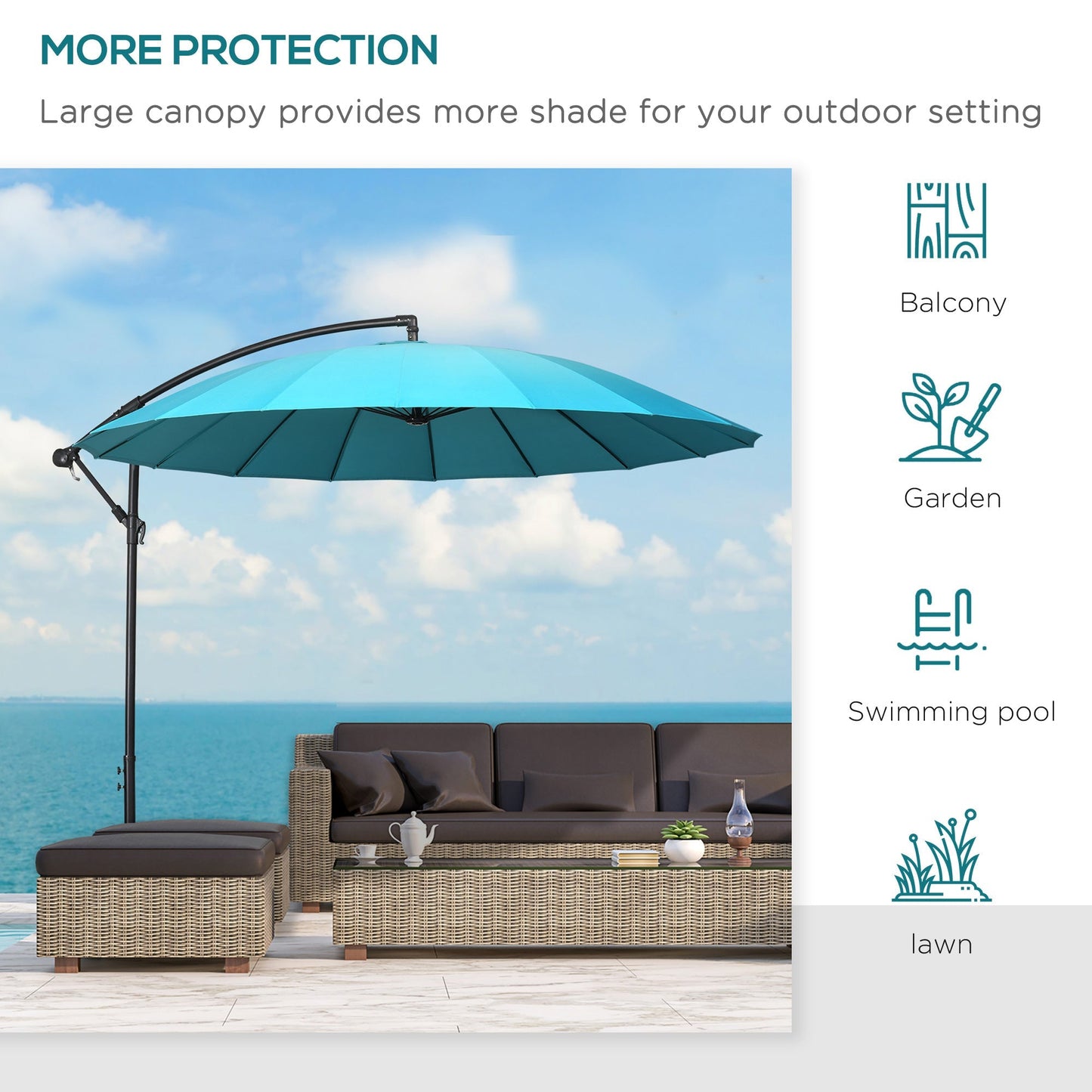 3 Metre Cantilever Shanghai Parasol Garden Hanging Banana Sun Umbrella with Crank Handle, 18 Sturdy Ribs and Cross Base, Turquoise