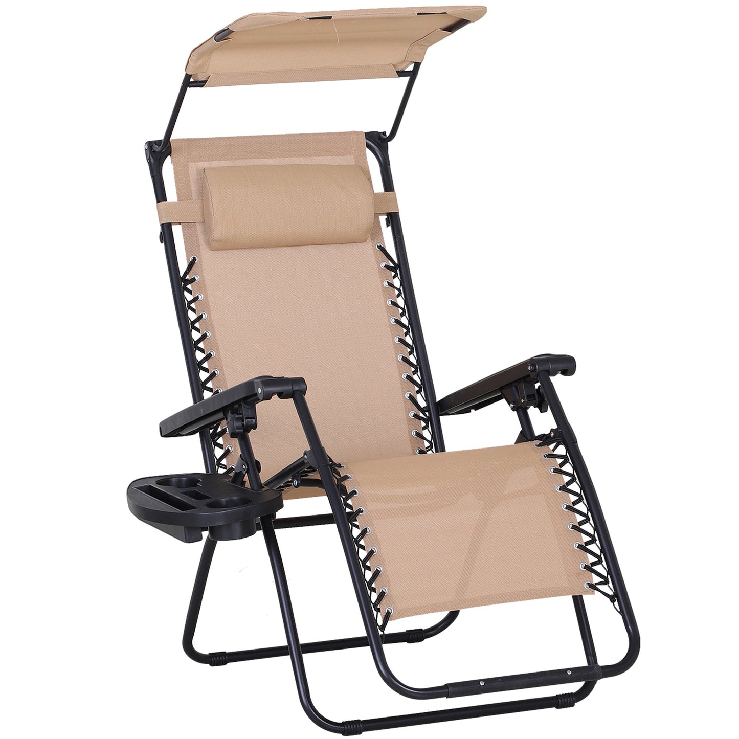 Outsunny Foldable Reclining Garden Chair with Headrest, Zero Gravity Deck Sun Lounger Seat Chair with Footrest, Armrest, Cup Holder & Canopy Shade, Beige