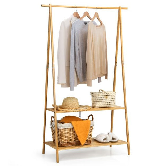 Bamboo Garment Rack with Hanging Rod & 2 Storage Shelves