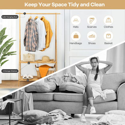 Bamboo Garment Rack with Hanging Rod & 2 Storage Shelves