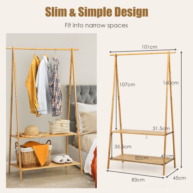 Bamboo Garment Rack with Hanging Rod & 2 Storage Shelves