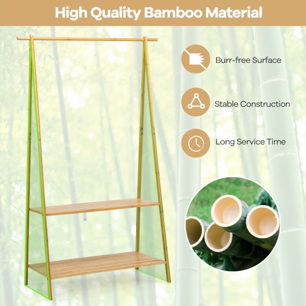 Bamboo Garment Rack with Hanging Rod & 2 Storage Shelves