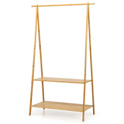 Bamboo Garment Rack with Hanging Rod & 2 Storage Shelves