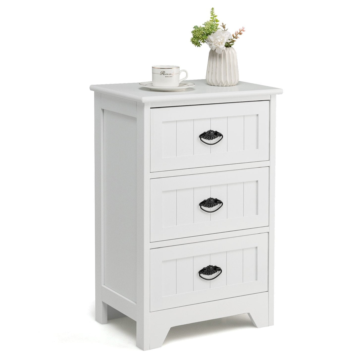 3-Tier Vintage Nightstand with Exquisite Metal Handles-White