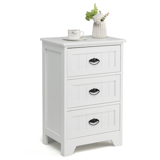 3-Tier Vintage Nightstand with Exquisite Metal Handles-White