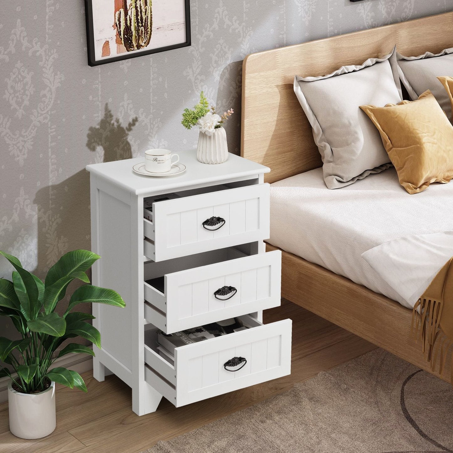 3-Tier Vintage Nightstand with Exquisite Metal Handles-White