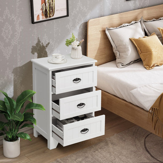 3-Tier Vintage Nightstand with Exquisite Metal Handles-White