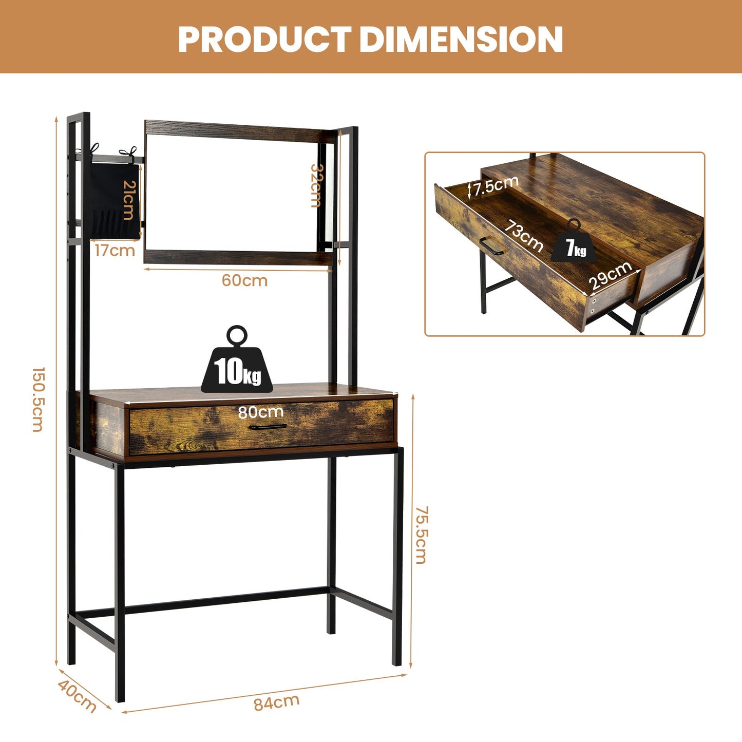 Industrial Vanity Table with 3-Position Adjustable Mirror-Rustic Brown