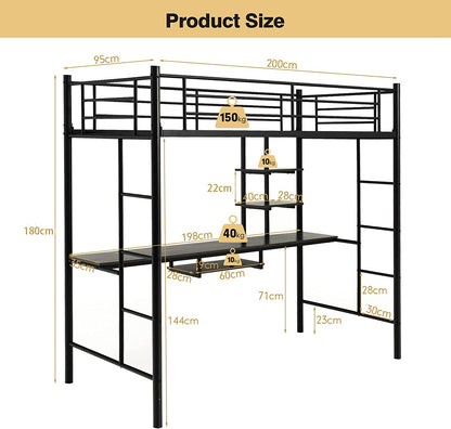 Metal Bunk Bed Frame High Sleeper with Desk and Storage Shelves-Black