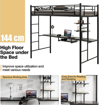 Metal Bunk Bed Frame High Sleeper with Desk and Storage Shelves-Black