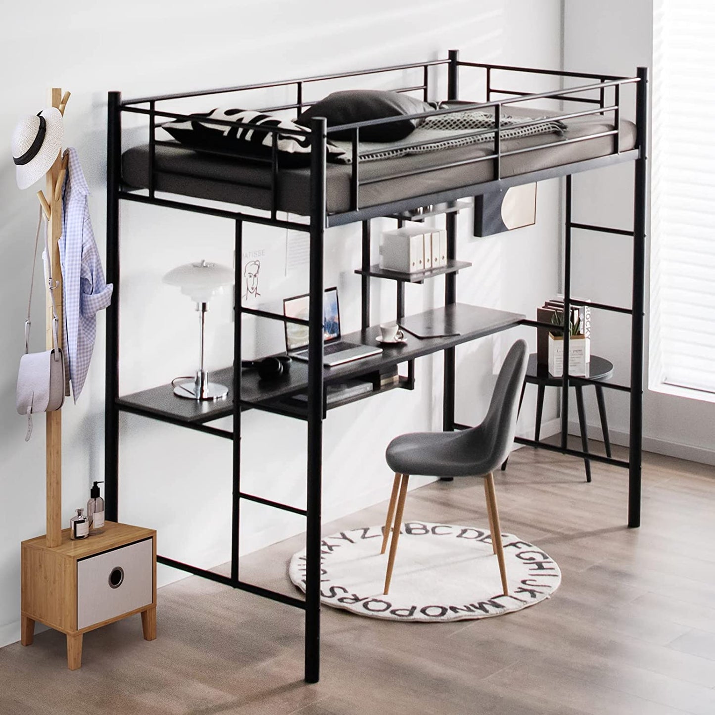 Metal Bunk Bed Frame High Sleeper with Desk and Storage Shelves-Black