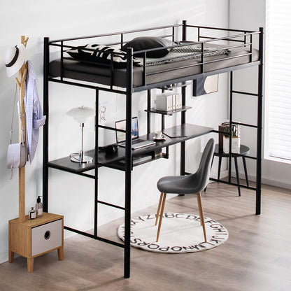 Metal Bunk Bed Frame High Sleeper with Desk and Storage Shelves-Black
