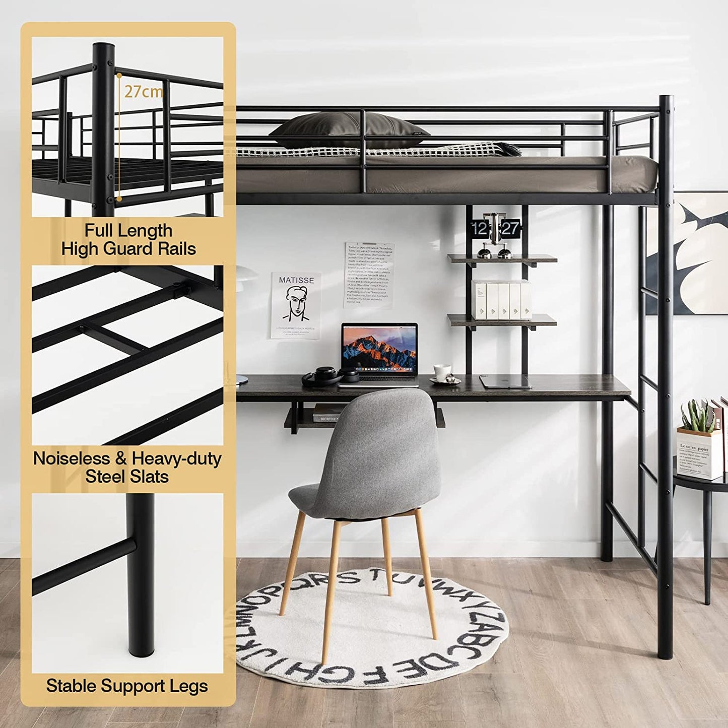 Metal Bunk Bed Frame High Sleeper with Desk and Storage Shelves-Black