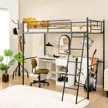 Metal Loft Bed with Integrated Ladder and Full-length Guardrails-Black