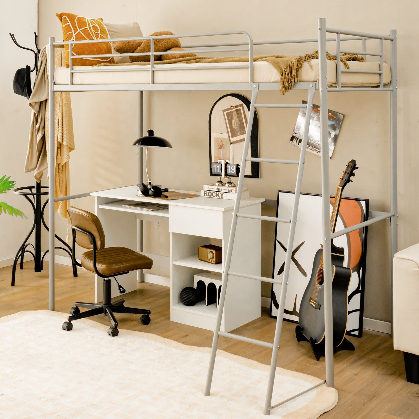 Metal Loft Bed with Integrated Ladder and Full-length Guardrails-Silver